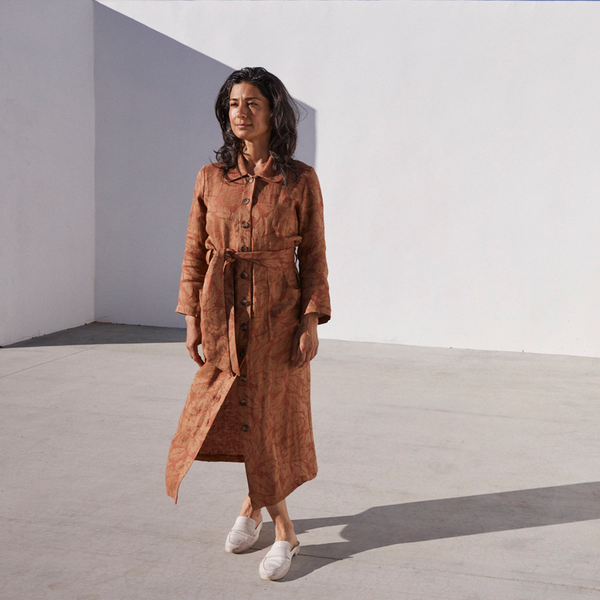 Chiara Dress in Rust Flower, Linen - Mojave Desert Skin Shield