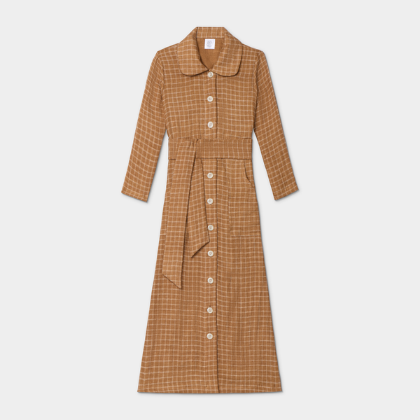 Chiara Dress in Caramel Plaid, Linen - Mojave Desert Skin Shield