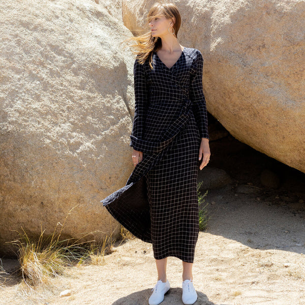 Day Round Ritual Wrap Dress in Black Plaid - Mojave Desert Skin Shield