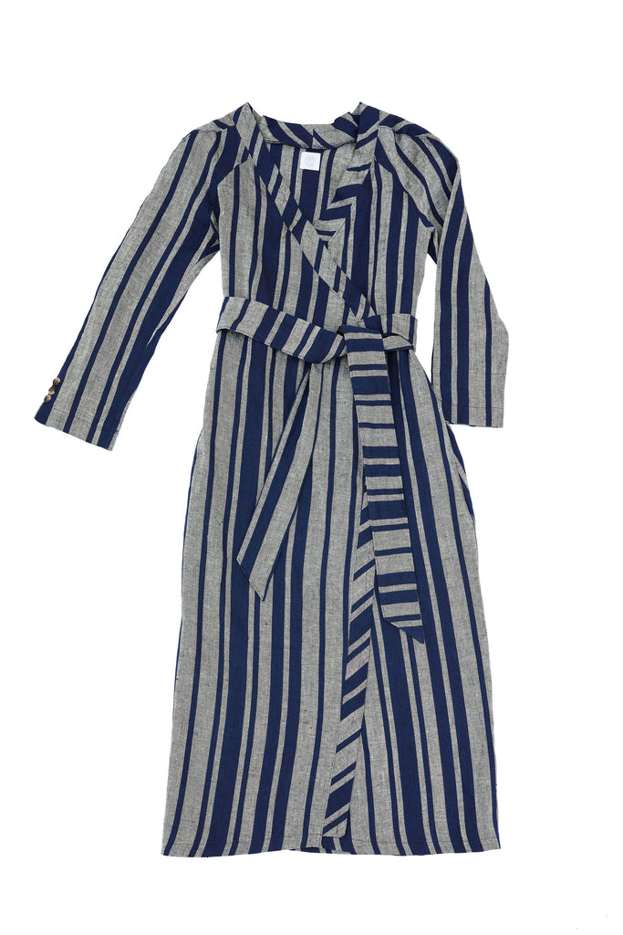 Day Round Ritual Wrap Dress in Navy Stripe - Mojave Desert Skin Shield 