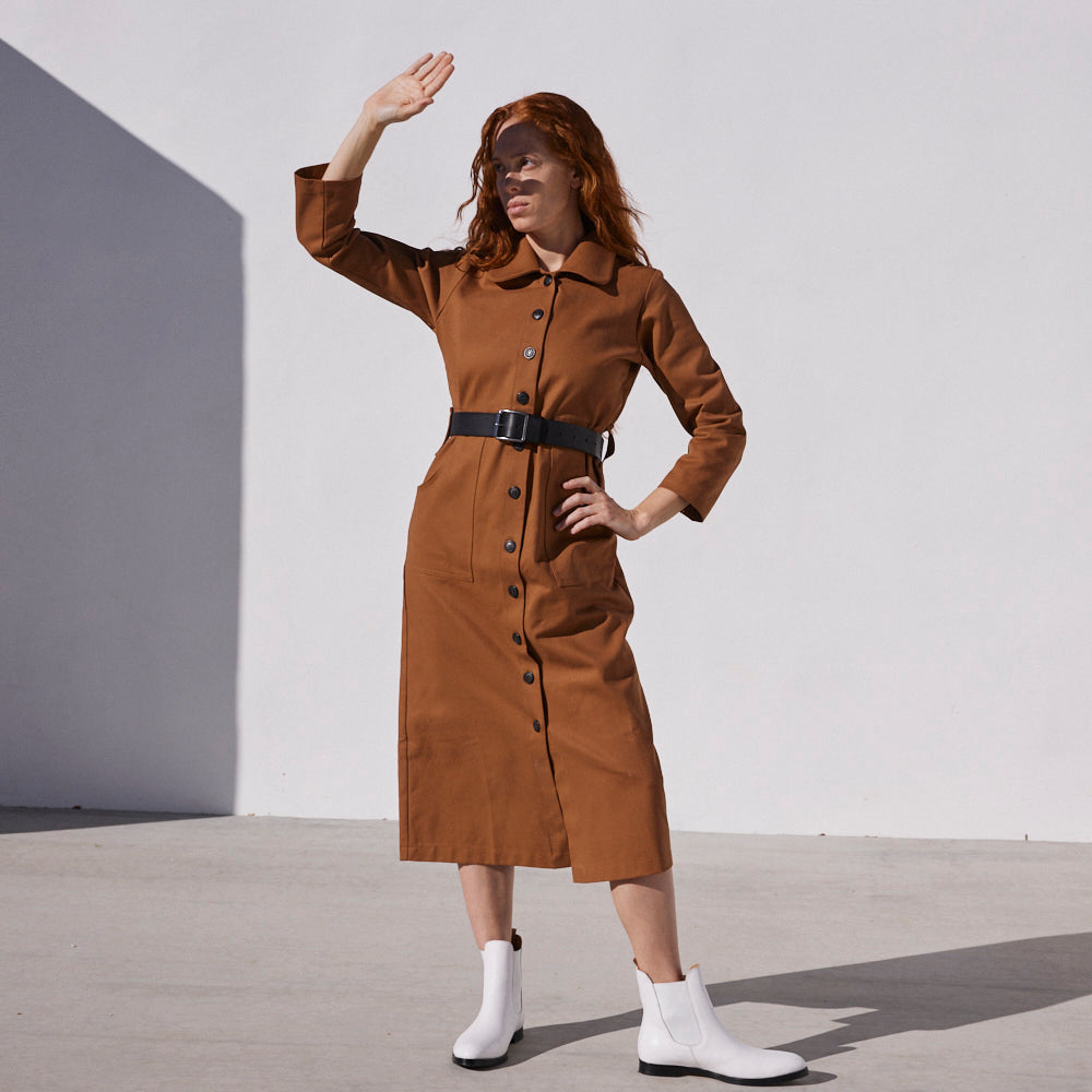 Chiara Dress in Rust, Bull Denim - Mojave Desert Skin Shield 