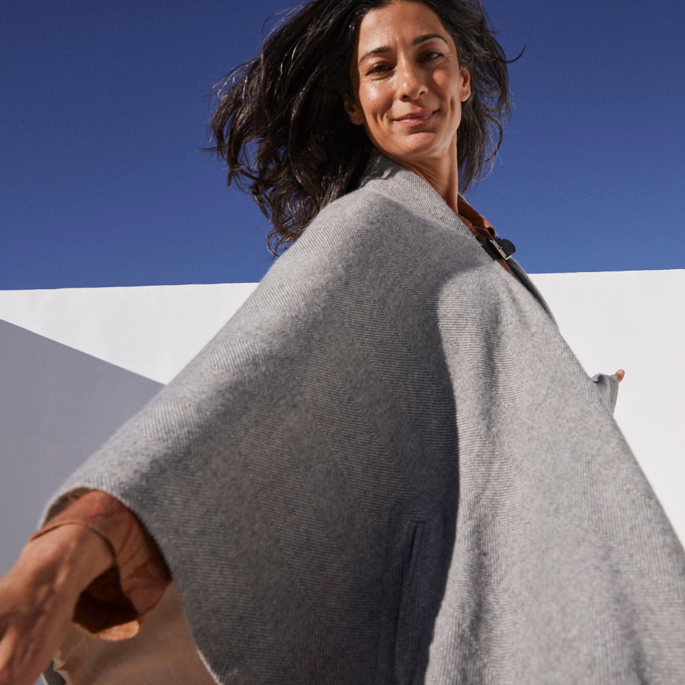 Alpaca Poncho in Herringbone with Leather & Dark Nickel Buckle - Mojave Desert Skin Shield 
