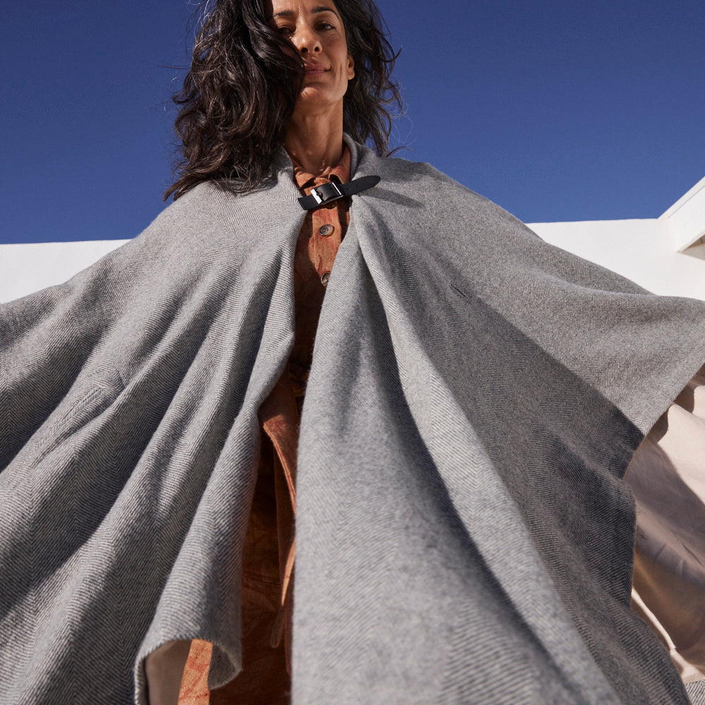 Alpaca Poncho in Herringbone with Leather & Dark Nickel Buckle - Mojave Desert Skin Shield 