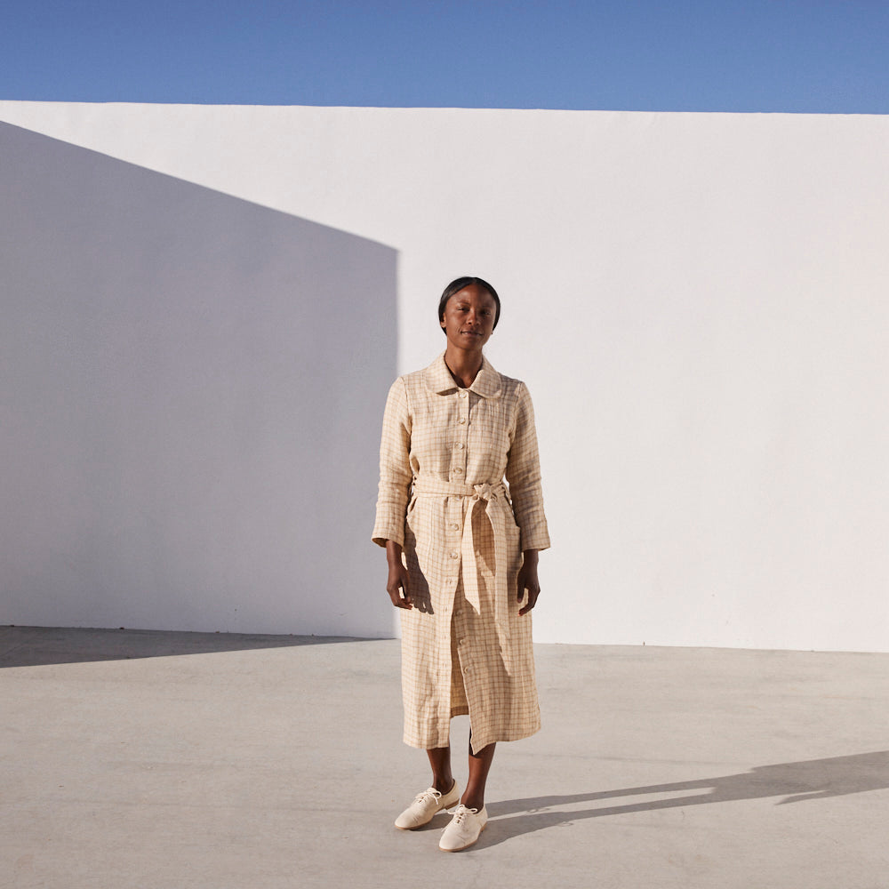 Chiara Dress in Tan Plaid, Linen - Mojave Desert Skin Shield 
