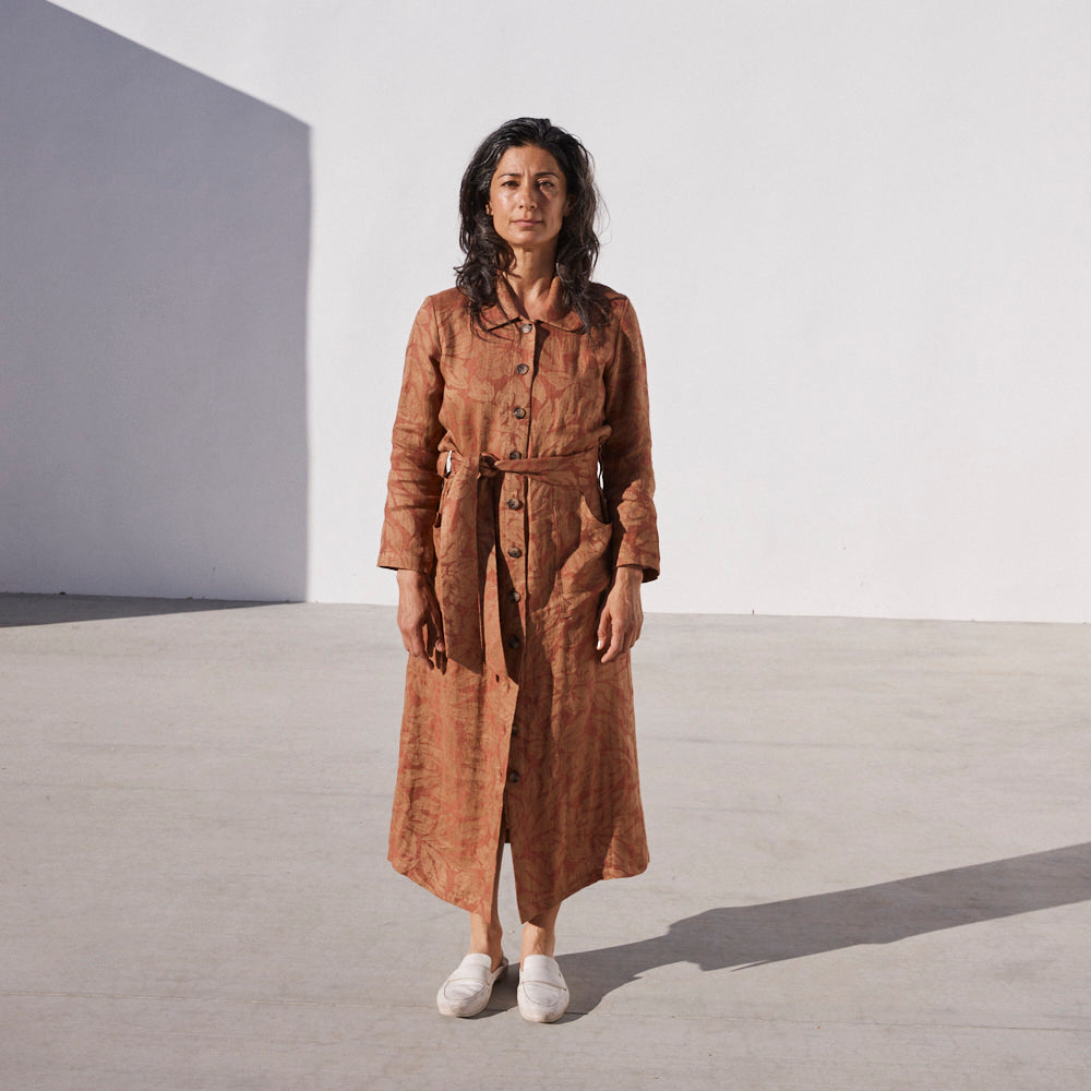 Chiara Dress in Rust Flower, Linen - Mojave Desert Skin Shield 