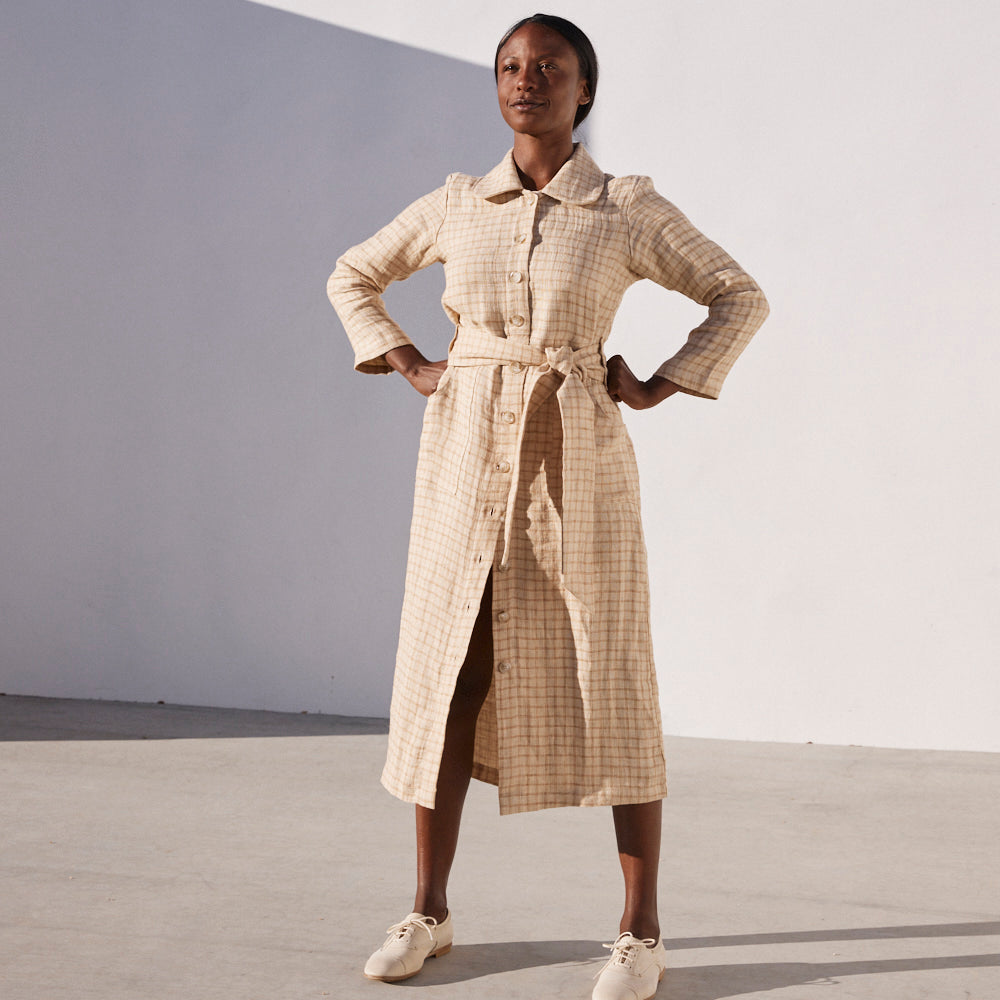 Chiara Dress in Tan Plaid, Linen - Mojave Desert Skin Shield 