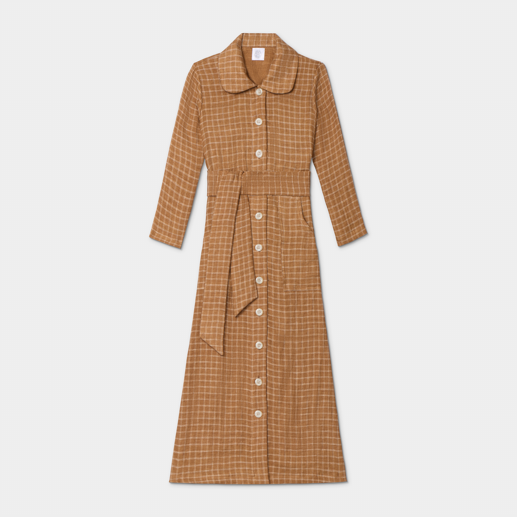 Chiara Dress in Caramel Plaid, Linen - Mojave Desert Skin Shield 