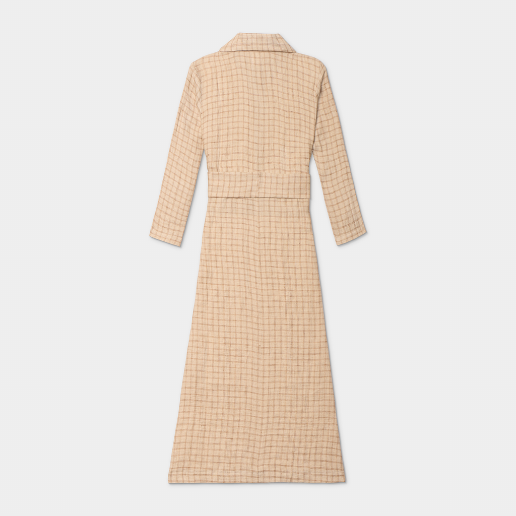 Chiara Dress in Tan Plaid, Linen - Mojave Desert Skin Shield 