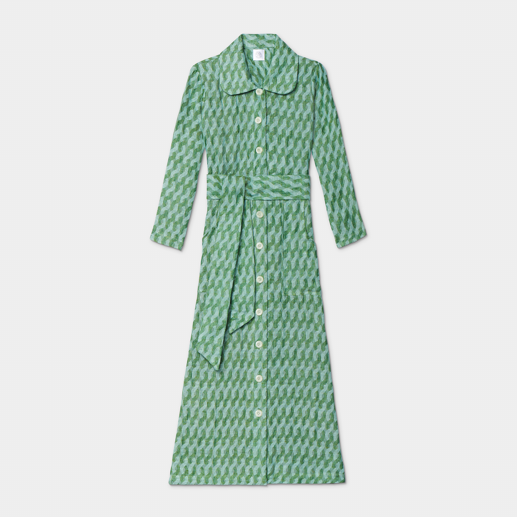 Chiara Dress in Green Swirl, Linen - Mojave Desert Skin Shield 
