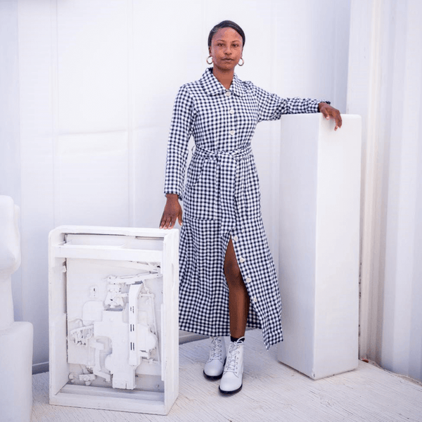 Chiara Dress in Navy/White Gingham, Linen - Mojave Desert Skin Shield 