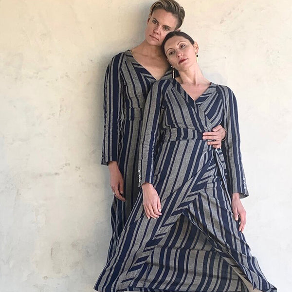 Day Round Ritual Wrap Dress in Navy Stripe - Mojave Desert Skin Shield 