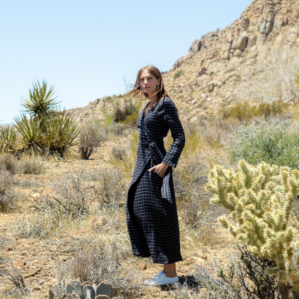 Day Round Ritual Wrap Dress in Black Plaid - Mojave Desert Skin Shield 