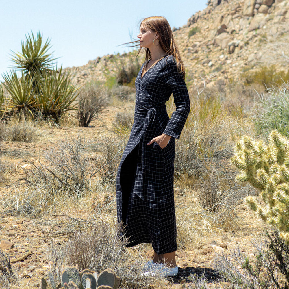 Day Round Ritual Wrap Dress in Black Plaid - Mojave Desert Skin Shield 