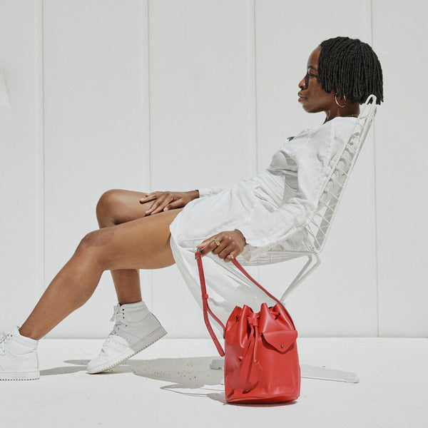 Mini Desert Totem Bucket Handbag In Coral Red Italian Leather - Mojave Desert Skin Shield 